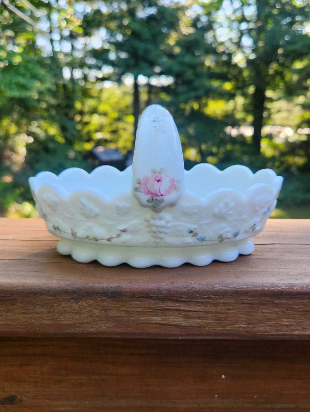 Westmoreland Hand Painted Milk Glass Paneled Grape Basket w/ Floral Design